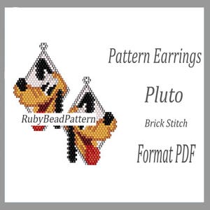 May include: Beaded Pluto earrings pattern in brick stitch. The earrings are in the shape of Pluto's head, with black, white, and yellow beads. The text "Pattern Earrings Pluto Brick Stitch Format PDF" is also visible.