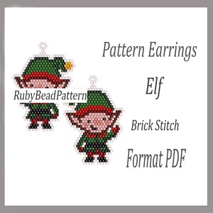 May include: Image of two elf-themed earrings. The earrings are made with a brick stitch pattern. The elves have green hats, red hair, and green outfits. The text on the image says "Pattern Earrings Elf Brick Stitch Format PDF".