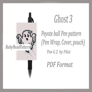 May include: A black pen with a beaded ghost design. The pen wrap is a peyote ball pattern. The image text says "Ghost 3" and "RubyBeadPattern". The pattern is for a Pen G2 by Pilot and is in PDF format.