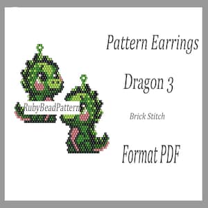 May include: A digital pattern for Dragon 3 earrings in brick stitch. The image shows two green and pink beaded dragon earrings. The text on the image says "Pattern Earrings", "Dragon 3", "Brick Stitch", "Format PDF", and "RubyBeadPattern".