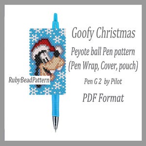 Pode incluir: Uma caneta azul com uma capa de contas com um design temático de Natal do Pateta usando um chapéu de Papai Noel. O texto na capa diz "Goofy Christmas" e "Peyote ball Pen pattern". A caneta é uma Pilot G2.