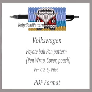 Könnte beinhalten: Ein schwarzer Pilot G2-Stift mit einem Perlenmuster eines rot-weißen Volkswagen-Busses. Der Text auf dem Bild lautet: "Volkswagen Peyote ball Pen pattern (Pen Wrap, Cover, pouch) Pen G 2 by Pilot PDF Format."