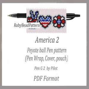 May include: A black pen with a beaded pen wrap featuring patriotic designs in red, white, and blue. The wrap includes a bunny, a heart, and a flower. The text "America 2" and "RubyBeadPattern" are also visible.