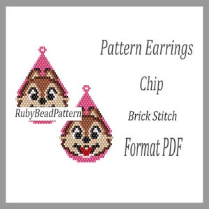 May include: Two beaded earrings featuring a Chipmunk design, with brown, tan, pink, and black beads. The earrings are teardrop-shaped with a pink top. Text on the image reads "Pattern Earrings Chip Brick Stitch Format PDF".