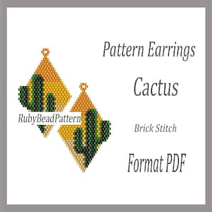 Op de afbeelding: Patroon voor diamantvormige oorbellen met een groen cactusontwerp tegen een gele en oranje gradiënt achtergrond. De afbeelding bevat de tekst "Pattern Earrings Cactus Brick Stitch Format PDF" en "RubyBeadPattern".