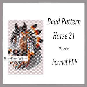May include: A digital bead pattern featuring a Native American horse design, titled "Horse 21." The image shows a detailed, pixelated illustration of a horse's head with a feathered headdress. The pattern is in PDF format.