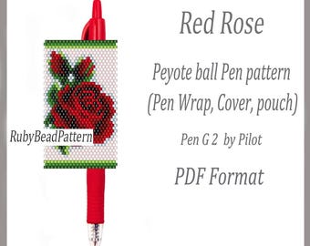 Red Rose bead pen wraps Pilot G2, Red Rose bead patterns cover pen, Red Rose beaded patterns, Red Rose bead peyote patterns PDF file