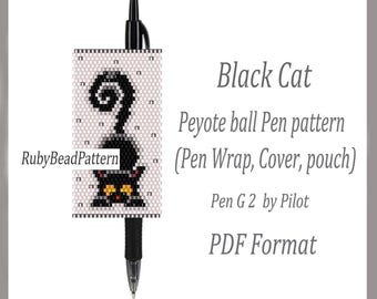 Black Cat bead pen wraps Pilot G2, Black Cat patterns bead cover pen, Black Cat beaded patterns, Cat bead peyote patterns, Beading PDF file