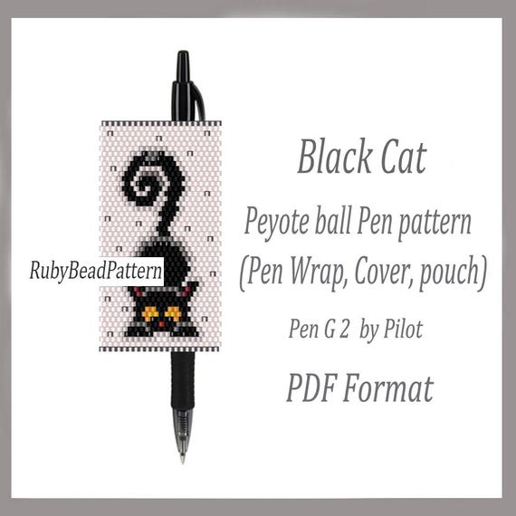 Black Cat bead pen wraps Pilot G2, Black Cat patterns bead cover pen, Black Cat beaded patterns, Cat bead peyote patterns, Beading PDF file