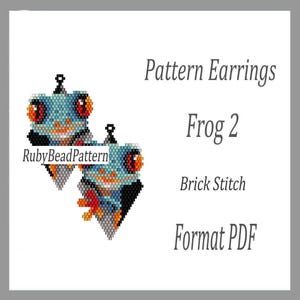 Peut inclure: Deux boucles d'oreilles en forme de grenouille, réalisées en point de brique. Les boucles d'oreilles sont bleu clair avec des détails orange et noirs, avec le texte "Pattern Earrings Frog 2".