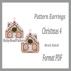 May include: Two beaded gingerbread house earrings with white frosting and a red and green wreath. The earrings are part of the Christmas 4 collection and are made using the brick stitch technique. The pattern is available in PDF format.