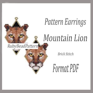 May include: A pair of beaded earrings in the shape of a mountain lion's head. The earrings are made with brown, tan, and yellow beads. The text "Pattern Earrings Mountain Lion" is displayed.