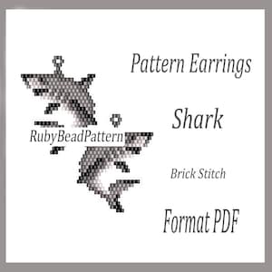 May include: A pair of beaded shark earrings in shades of gray and black, created using the brick stitch technique. The image includes the text "Pattern Earrings Shark Brick Stitch Format PDF" and the RubyBeadPattern logo.