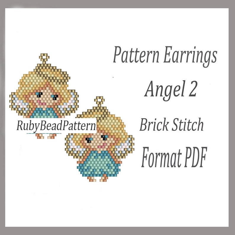 Op de afbeelding: Twee geperleide engelenoorbellen in een baksteensteekpatroon. De engelen hebben blond haar, blauwe jurken en witte vleugels. De tekst op de afbeelding luidt "Pattern Earrings Angel 2 Brick Stitch Format PDF" en "RubyBeadPattern".