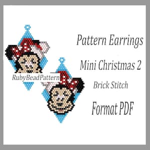 May include: Two beaded earrings featuring a Minnie Mouse design with a red bow and a Santa hat. The earrings are set against a light blue diamond-shaped background. The text on the image reads "Pattern Earrings Mini Christmas 2 Brick Stitch Format PDF."