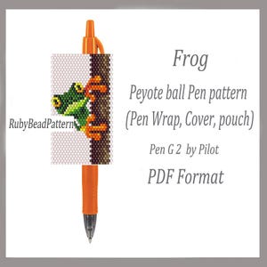 Peut inclure: Un stylo orange Pilot G2 avec un motif de perles représentant une grenouille verte. Le motif est un motif de perles peyote, avec le texte "Frog" et "RubyBeadPattern".