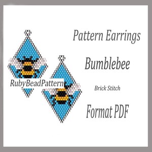 May include: Diamond-shaped beaded earrings with a bumblebee design. The earrings are blue, white, black, and yellow. The text on the image says "Pattern Earrings Bumblebee Brick Stitch Format PDF" and "RubyBeadPattern".