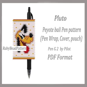 May include: A black pen with a beaded cover featuring a Pluto design. The cover is white with a yellow, black, and red Pluto graphic. Text on the image reads "Pluto Peyote ball Pen pattern (Pen Wrap, Cover, pouch) Pen G 2 by Pilot PDF Format".