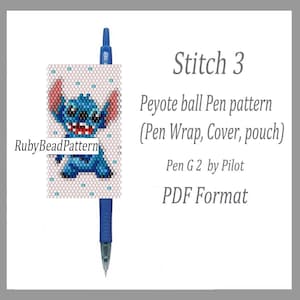 May include: A blue Pilot G2 pen with a beaded pen wrap featuring a blue cartoon character with large ears and a red mouth. The pen wrap is white with blue polka dots. Text on the image reads "Stitch 3" and "Peyote ball Pen pattern".