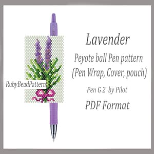 May include: A purple Pilot G2 pen with a beaded lavender design wrap. The wrap features a lavender flower design with green leaves and a pink bow. The text on the image says "Lavender Peyote ball Pen pattern (Pen Wrap, Cover, pouch)".