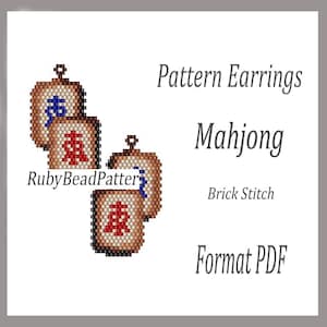 May include: Beaded Mahjong tile earrings in a brick stitch pattern. The earrings are tan with red and blue symbols. The text on the image says "Pattern Earrings Mahjong Brick Stitch Format PDF". The earrings are from RubyBeadPattern.