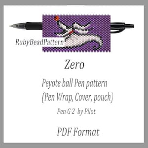 May include: A black pen with a beaded wrap featuring a white and black Zero character design on a purple background. The text "Zero" and "Peyote ball Pen pattern" are also visible. The pen is a Pen G2 by Pilot.
