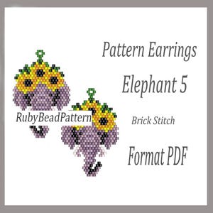 Può includere: Un modello per orecchini di perline a forma di elefante con un girasole sulla testa. Gli orecchini sono viola, gialli e verdi. Il testo sull'immagine dice "Pattern Earrings Elephant 5 Brick Stitch Format PDF".