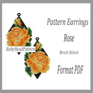 Può includere: Orecchini a motivo rosa in punto mattone. Gli orecchini hanno una forma triangolare con la parte superiore nera e foglie verdi. La rosa è arancione e gialla. Il testo sull'immagine dice "RubyBeadPattern", "Brick Stitch" e "Format PDF".