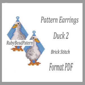 Könnte beinhalten: Ein Muster für Duck 2-Ohrringe mit einem Ziegelstich-Design. Die Ohrringe haben die Form einer Ente mit blauen, weißen und gelben Perlen. Der Text "Pattern Earrings", "Duck 2", "Brick Stitch" und "Format PDF" ist ebenfalls sichtbar.