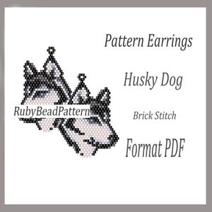 May include: Pattern earrings with a Husky dog design, made using the brick stitch technique. The earrings are in PDF format. The design includes the text "RubyBeadPattern".