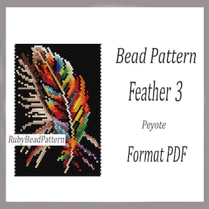 May include: A digital bead pattern featuring a colorful feather design. The pattern, titled "Feather 3," is in a peyote stitch format and available as a PDF download. The image includes the text "RubyBeadPattern."