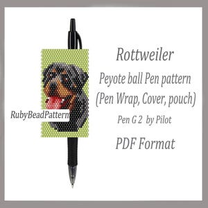 May include: A black pen with a Rottweiler design. The pen wrap features a detailed beaded image of a Rottweiler dog on a light green background. Text on the image reads "Rottweiler Peyote ball Pen pattern (Pen Wrap, Cover, pouch) Pen G 2 by Pilot PDF Format."