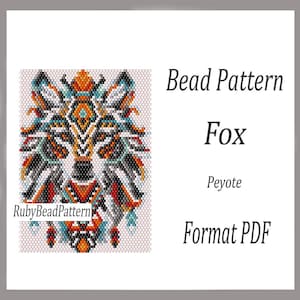 Puede incluir: Patrón de cuentas colorido de un zorro en tonos naranja, negro, blanco y turquesa. El texto dice "Bead Pattern Fox Peyote Format PDF" y "RubyBeadPattern".
