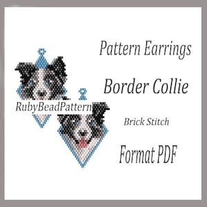 May include: Beaded earrings featuring a Border Collie design, crafted using a brick stitch technique. The earrings display a black, white, and blue colour palette. Text includes "Pattern Earrings", "Border Collie", "Brick Stitch", and "Format PDF".