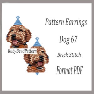 Puede incluir: Un par de pendientes de perro con cuentas, cada uno con un perro marrón con un gorro de fiesta azul. Se muestra el texto "Pattern Earrings", "Dog 67", "Brick Stitch" y "Format PDF". También es visible el logotipo de RubyBeadPattern.