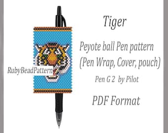 Tiger beaded pen wraps Pilot G2, Tiger bead cover pen pattern, Tiger beading pattern, Tiger bead peyote pattern, Beading pattern PDF file
