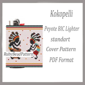 May include: A beaded lighter cover featuring a Kokopelli design. The cover is white with a pattern of two Kokopelli figures in black, red, orange, and turquoise. The text "RubyBeadPattern" is visible on the cover. The text "Kokopelli" and "Peyote BIC Lighter" are also visible.