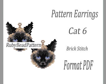 Cat 6 bead earrings pattern, Cat beaded pattern, Cat beading earrings pattern, Cat bead pattern, Beading, Cat, earrings brick stitch