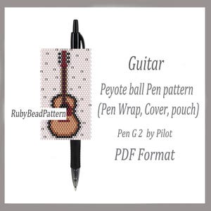 May include: A black pen with a beaded guitar design pen wrap. The pen wrap is beige with a brown guitar design. Text on the image reads "Guitar Peyote ball Pen pattern (Pen Wrap, Cover, pouch) Pen G2 by Pilot PDF Format".