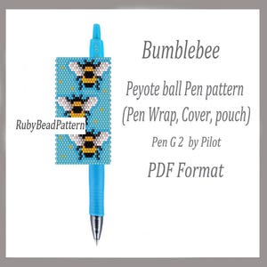May include: A blue pen with a beaded wrap featuring a bumblebee design. The wrap is light blue with yellow, black, and white bees. Text on the image reads "Bumblebee Peyote ball Pen pattern (Pen Wrap, Cover, pouch) Pen G2 by Pilot PDF Format."