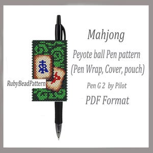 May include: A black pen with a green and beige beaded pen wrap featuring a Mahjong tile design. The pen wrap is a Peyote ball pattern and is designed to fit a Pen G2 by Pilot. The image also includes the text "Mahjong Peyote ball Pen pattern (Pen Wrap, Cover, pouch) Pen G 2 by Pilot PDF Format".