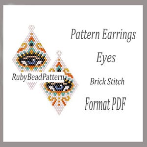 May include: A digital pattern for beaded earrings in a diamond shape, featuring an eye design. The earrings are made using the brick stitch technique and are available in PDF format. The design includes white, blue, orange, and yellow beads.