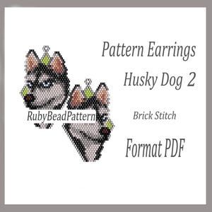 Può includere: Design di orecchini con motivo Husky Dog 2. L'immagine mostra due orecchini a forma di cane husky con perline in un motivo a punto mattone. Gli orecchini sono grigi, neri e bianchi con occhi blu e accenti verdi. Il testo "RubyBeadPattern" è visibile.