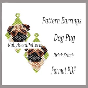 Può includere: Orecchini a motivo di carlino, creati con la tecnica del punto mattone. Gli orecchini a forma di diamante presentano un bordo verde e il volto di un carlino nei toni del marrone, nero e beige. Il testo sull'immagine dice "RubyBeadPattern".
