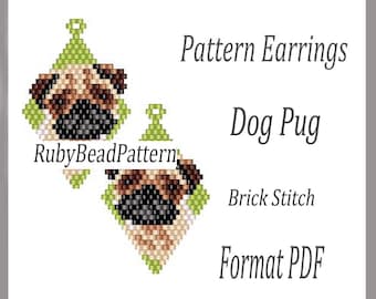 Pug Dog bead earrings pattern, Pug Dog beaded pattern, Pug Dog beading earrings pattern, Pug Dog beading pattern, brick stitch pattern dog