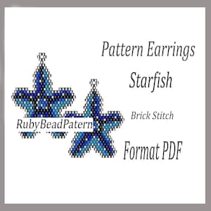 May include: A digital pattern for Starfish earrings, using a brick stitch technique. The earrings are crafted with blue and white beads. Text includes "Pattern Earrings", "Starfish", "Brick Stitch", "Format PDF", and "RubyBeadPattern".