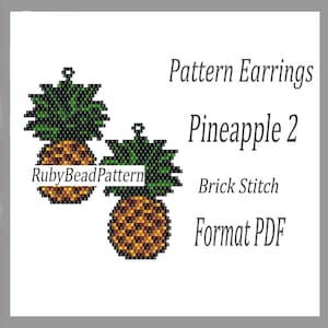 以下が含まれることがあります： ブリックステッチのPineapple 2イヤリングのデジタルパターン。イヤリングは、緑色のトップと茶色と黄色のボディを持つパイナップルとしてデザインされています。「Pattern Earrings Pineapple 2 Brick Stitch Format PDF」というテキストが表示されます。