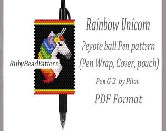 Rainbow Unicorn bead pen wraps Pilot G2, Rainbow Unicorn pattern bead cover pen, Unicorn beaded patterns, Peyote patterns, Beading PDF