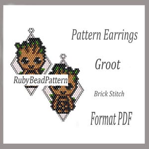 May include: Two beaded Groot earrings in a diamond shape. The earrings are brown, green, and white, with the text "Pattern Earrings Groot Brick Stitch Format PDF" and "RubyBeadPattern".