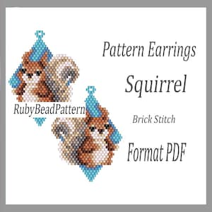 Könnte beinhalten: Perlenohrringe in Diamantform mit einem Eichhörnchen, das eine blaue Partyhüte trägt. Die Ohrringe sind braun, beige und grau, mit dem Text "Pattern Earrings Squirrel" und "Format PDF".